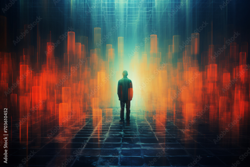 A man stands against a colorful background, traversing a surreal cityscape deeper into the metaverse.