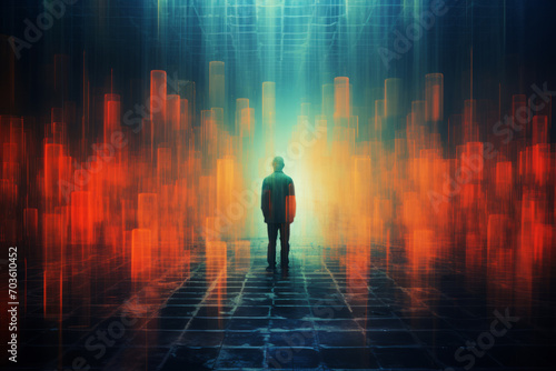 A man stands against a colorful background, traversing a surreal cityscape deeper into the metaverse. photo