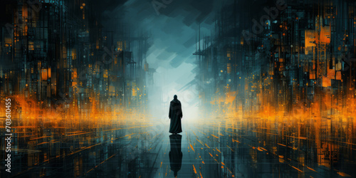 A man traverses a shadowy city at night, in a dark cyberpunk illustration.