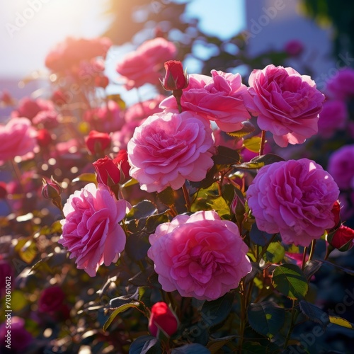 Pink Rose Garden Buds in Sunlight Close-Up