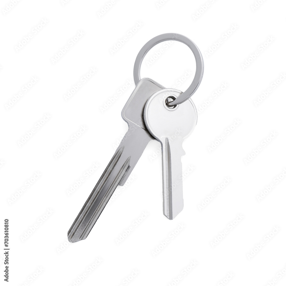 Two keys with ring isolated on white, top view Two keys with ring isolated on white, top view