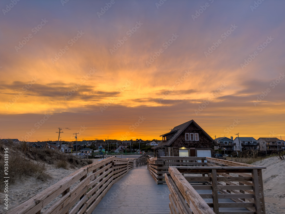 Beach Access in Nags Head at Bonnett Street During a Sunset with an Orange Sky
