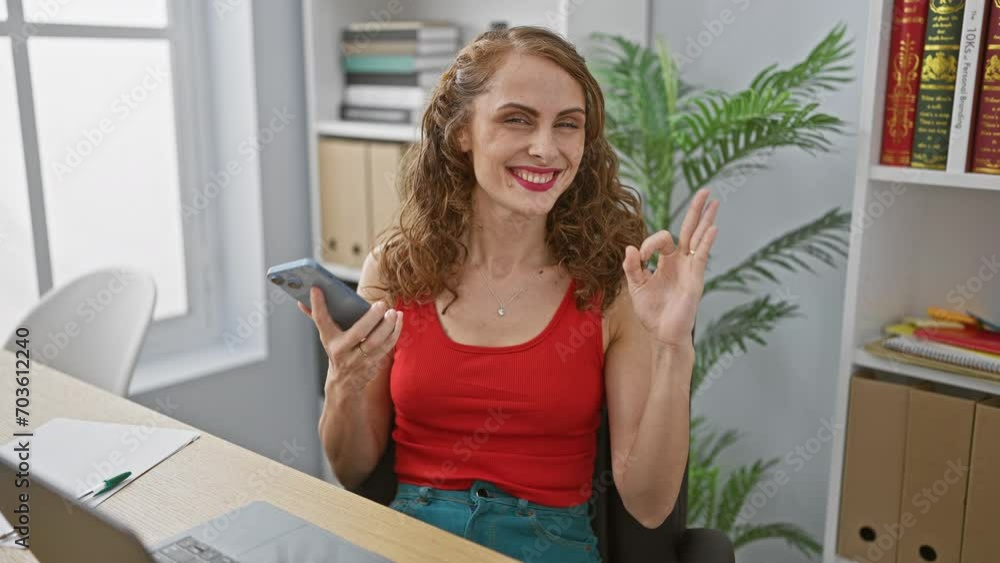 Joyful young woman in office beaming, confidently gesturing excellent ok sign using fingers while texting on smartphone - pure happiness and success! Joyful young woman in office beaming, confidently gesturing excellent ok sign using fingers while texting on smartphone - pure happiness and success!