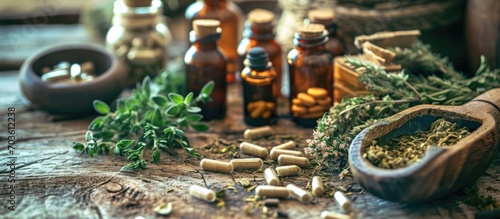 Organic herbal alternative medicine for health and well-being, with natural ingredients, oils, and nutritious capsules. photo