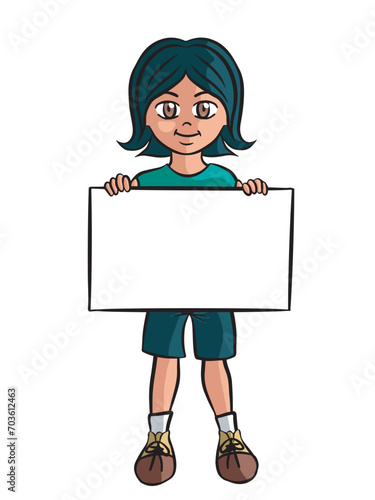  Child holding a sheet of white paper. White poster with space for phrases and announcements. Vector illustration isolated on transparent background.
