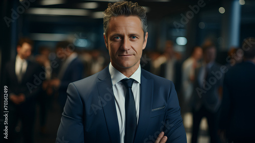 CEO - business executive - profile shot - blue business suit - bakeh elements - stylish fashion - leadership - manager 
