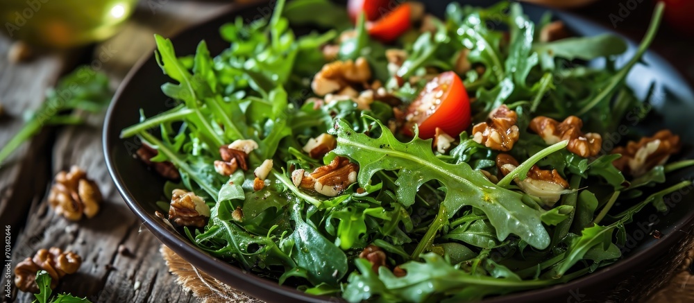 Arugula and walnut salad with citrus dressing. Arugula and walnut salad with citrus dressing.