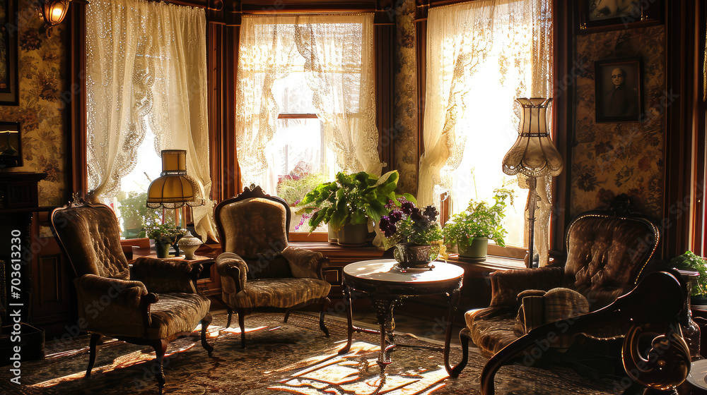 Victorian Elegance: Lace Curtains and Potted Violets in a Classic Parlor