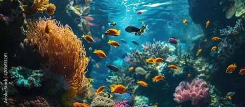 Underwater scene with vibrant marine life in Singapore's aquarium.