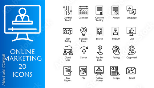Online marketing icon set. Containing business idea, email, design, video player, cloud user, pay per click, calendar, content writing, language, podium, like and star rating. Outline icon style