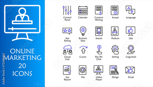 Online marketing icon set. Containing business idea, email, design, video player, cloud user, pay per click, calendar, content writing, language, podium, like and star rating. Outline Color icon style