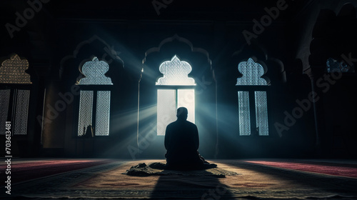 Muslims praying in the mosque near the window