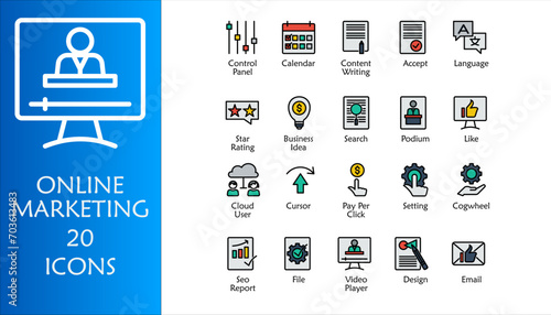 Online marketing icon set. Containing business idea, email, design, video player, cloud user, pay per click, calendar, content writing, language, podium, like and star rating. Color lineal icon style