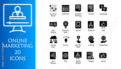 Online marketing icon set. Containing business idea, email, design, video player, cloud user, pay per click, calendar, content writing, language, podium, like and star rating. Solid icon style