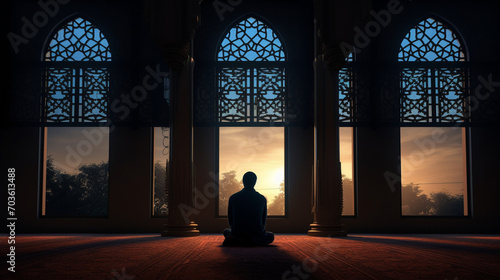 Muslims praying in the mosque near the window
