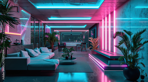 High-Tech Gaming Room: Neon Accents & Sleek Style © Sekai