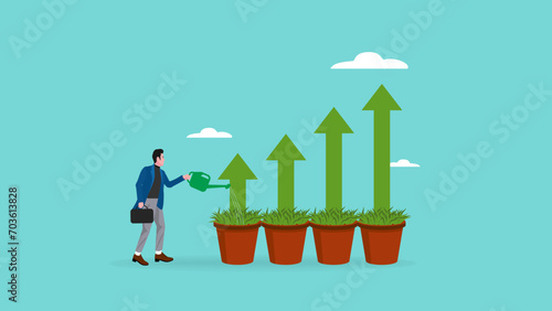 business and financial growth illustration with the concept of a businessman watering plants on a business financial tree diagram, growing business graph tree concept vector illustration