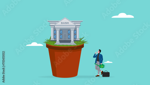 investment strategies for business growth. Capital benefits of investment banking. Credit cards and loan products for businesses  businessman with watering pot thinking about watering bank plants
