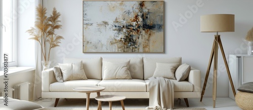 Beige sofa with art above in an elegant white interior, nearby a wooden tripod lamp near a window. photo