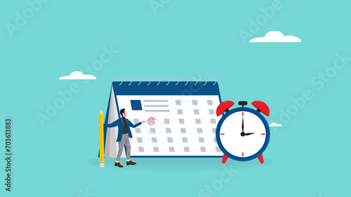 businessman make a red circle on important day on calendar vector illustration, calendar date of important appointment, reminder or schedule of meeting or event, work deadline or launch date planning