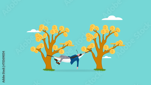 Businessman sleeping in hammock tied on money tree with dollar coins, Passive income concept, earning with no effort by make profit or dividend from investment and achieve financial freedom concept