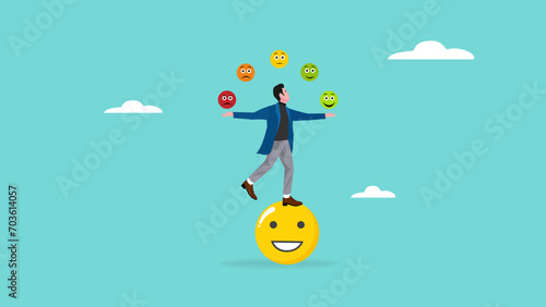 cheerful man balance on smiling face juggling expression emotional faces vector illustration, control emotion concept, psychology to be success or balance of anxiety and happiness concept
