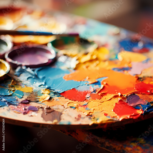 Close-up of an artist's palette with vibrant paint.