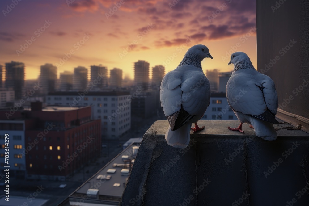 Fototapeta premium Cute couple of loving and colorful pigeons mating. Common city doves (Columba livia) standing on the roof of a building. Animals in the city.