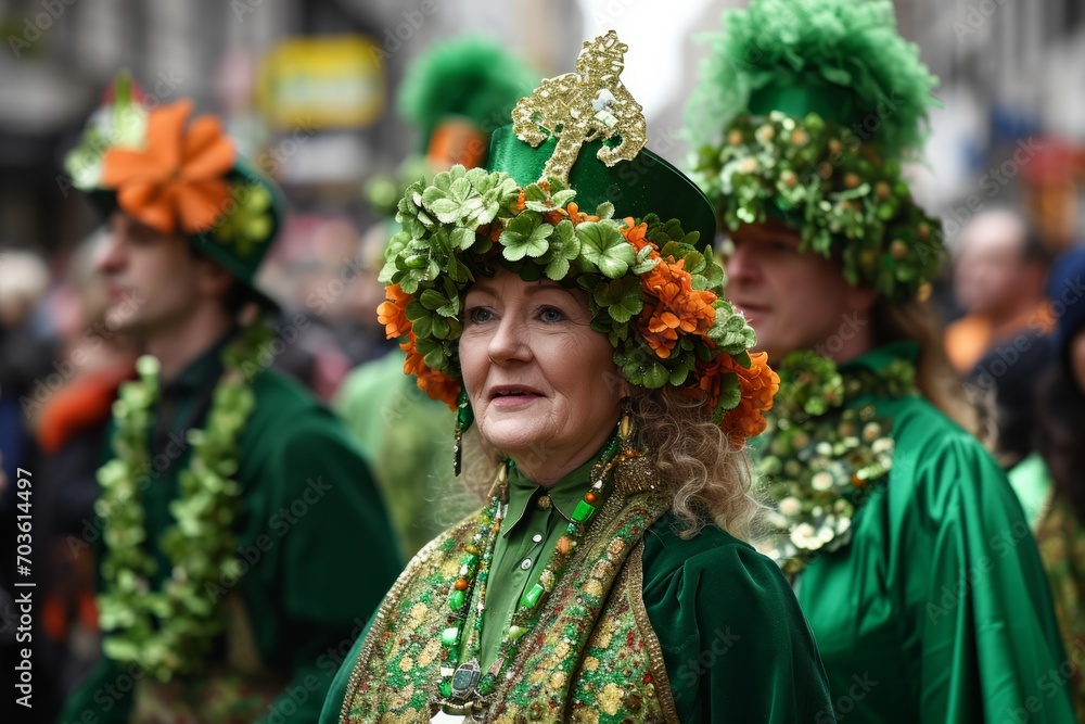 People dressed in elaborate St. Patrick's Day costumes or traditional Irish attire