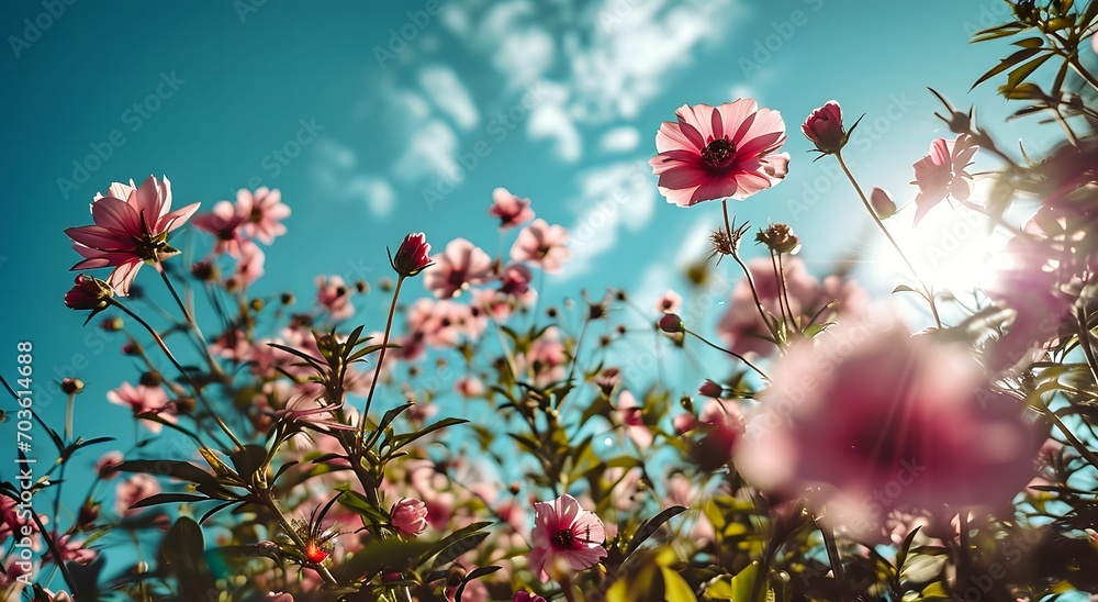 Whispers of Spring - A Blooming Meadow of Pink Flowers Under a Blue Sky, From a Low Angle View