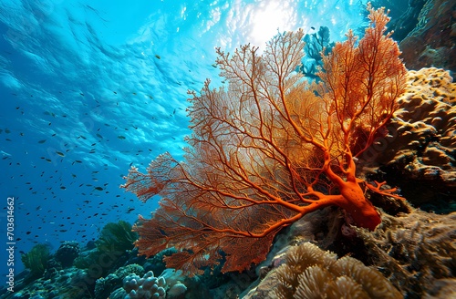 Majestic Coral Reefs - A Grand Coral with Vibrant Orange Sea Fan Stealing the Spotlight