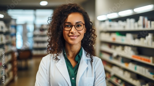 Young beautiful hispanic woman pharmacist smiling confident standing at pharmacy photo
