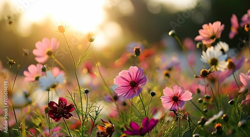 Sunset Radiance - A Serene Field of Colorful Flowers in bloom Awash in Light Pink and Light Cyan Hues © AgungRikhi