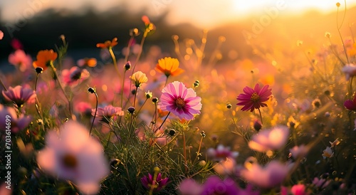 Sunset Radiance - A Serene Field of Colorful Flowers in bloom Awash in Light Pink and Light Cyan Hues