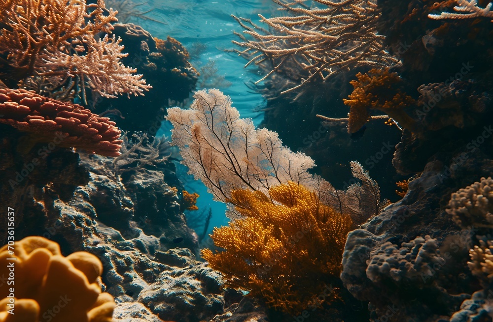 Fototapeta premium Serene Coral Reef with Delicate Sponge - A Harmonious Blend of Light Brown and Sky-Blue Tones