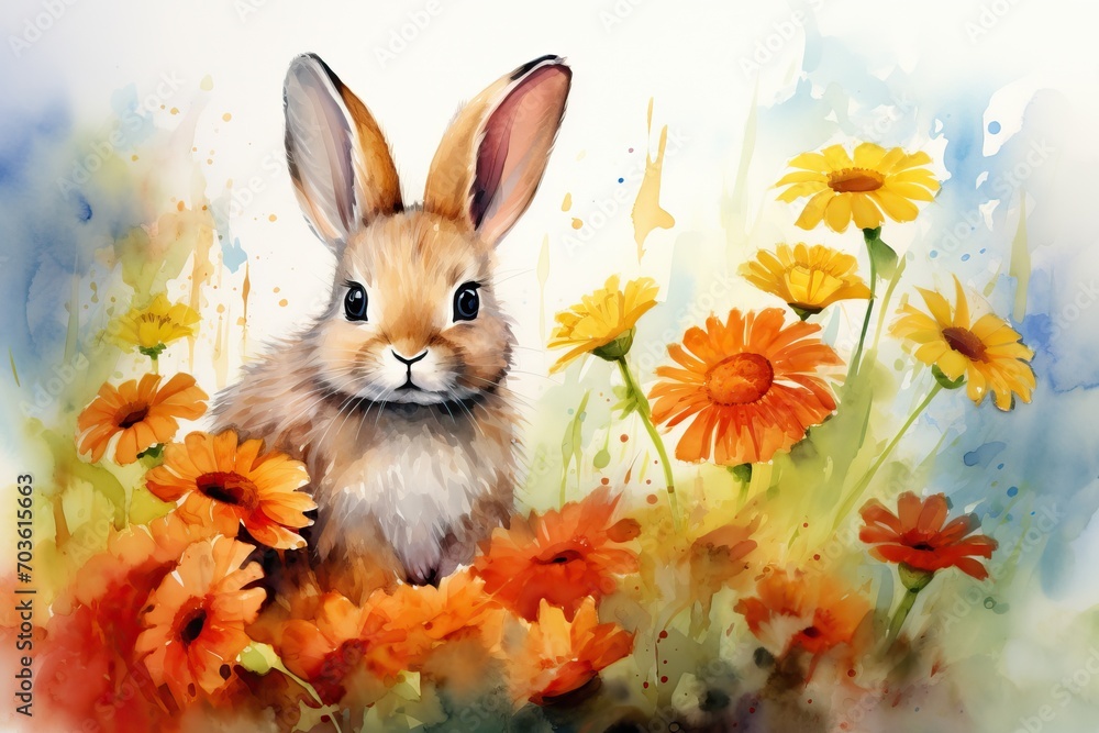 Small young rabbit is sitting in field among wildflowers and grass. Watercolor cute bunny and spring flowers. Happy Easter concept. Floral postcard, card, banner, element for design with animal Small young rabbit is sitting in field among wildflowers and grass. Watercolor cute bunny and spring flowers. Happy Easter concept. Floral postcard, card, banner, element for design with animal