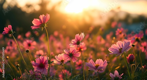A Field of Pink Flowers Landscape Embracing the Setting Sun in Light White and Turquoise Tones