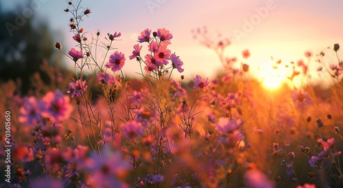 A Field of Pink Flowers Landscape Embracing the Setting Sun in Light White and Turquoise Tones © Sri