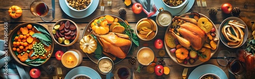 Thanksgiving table from above - A Festive Table Setting with Seasonal Food, Pumpkin Pie, and Harvest Decorations on a Wooden Background
