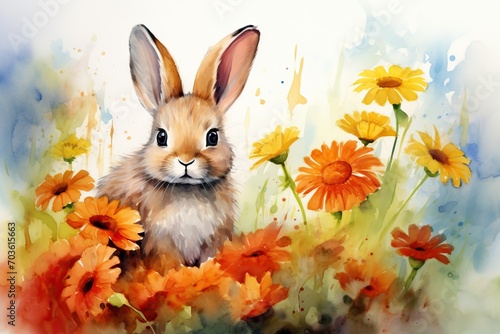 Small young rabbit is sitting in field among wildflowers and grass. Watercolor cute bunny and spring flowers. Happy Easter concept. Floral postcard  card  banner  element for design with animal