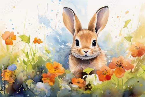 Small young rabbit is sitting in field among wildflowers and grass. Watercolor cute bunny and spring flowers. Happy Easter concept. Floral postcard, card, banner, element for design with animal photo