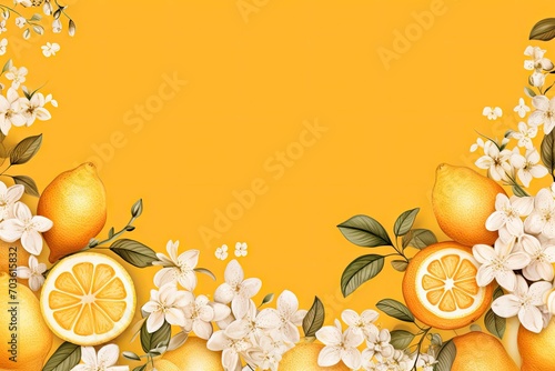 Border with lemon fruits citrus flowers and branches on orange background. Floral frame with tropic fruits. Watercolor summer or spring template with copy space. Tropical vintage card, banner, mockup photo