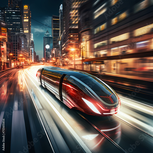 A futuristic high-speed train zooming through a city