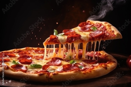 Delicious pizza with stretching cheese on black background with fire and smoke.