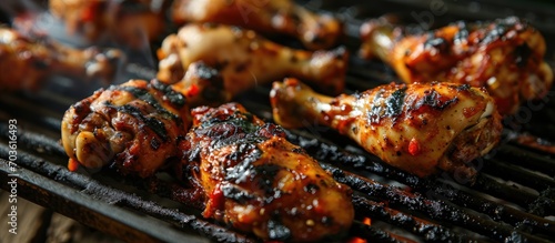 Chicken legs grilled on a hot barbecue after marinating.
