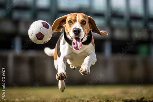 A beagle dog is jumping after a ball. photo