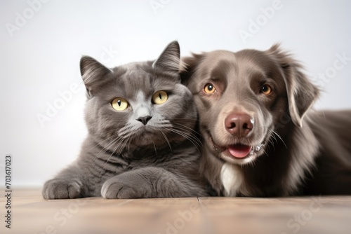 cat and dog are looking at camera. kitten and puppy are lying side by side. Friends. © P