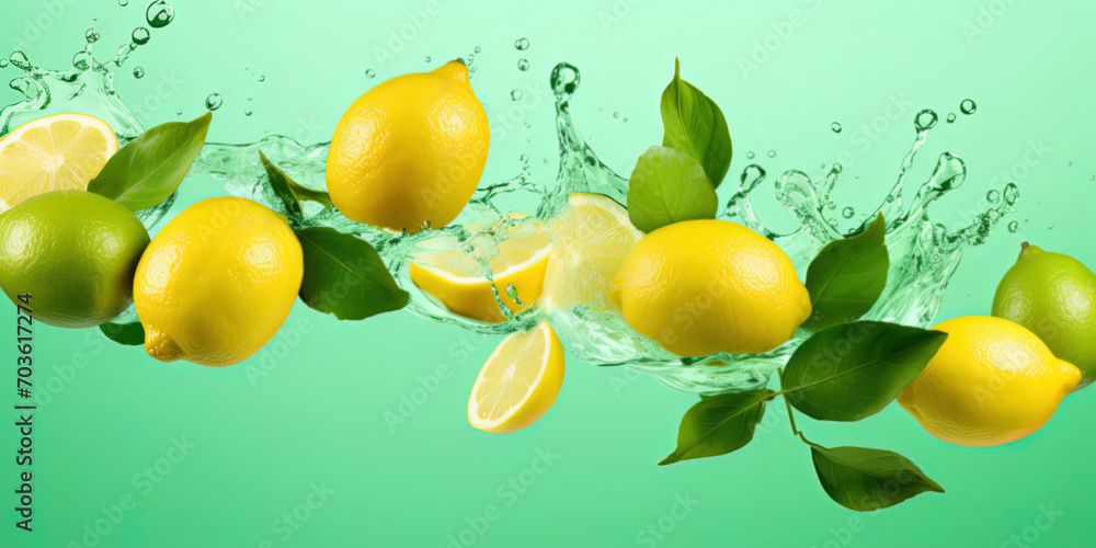 Ripe lemons flying in the air with splashes of water on light green background
