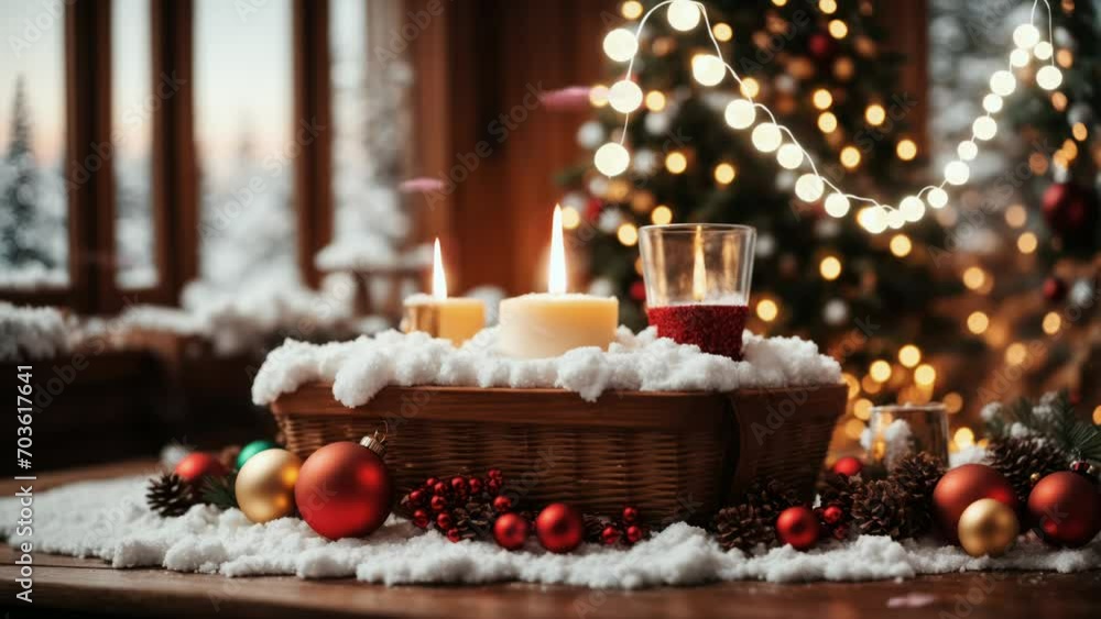 Christmas decoration with candle, tree and christmas light. seamless looping time-lapse virtual 4k video animation background. Generated with AI Christmas decoration with candle, tree and christmas light. seamless looping time-lapse virtual 4k video animation background. Generated with AI
