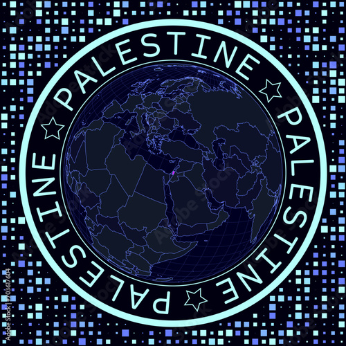 Palestine on globe vector. Futuristic satelite view of the world centered to Palestine. Geographical illustration with shape of country and squares background. Bright neon colors on dark background.